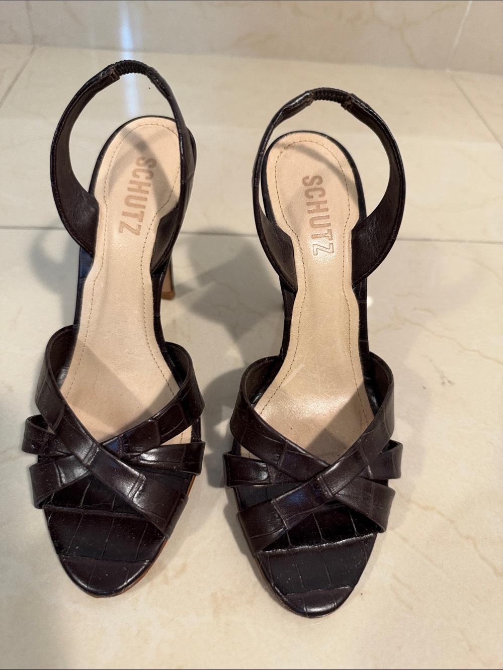 SCHUTZ Dark Brown Croc-Embossed Leather Slingback Heels